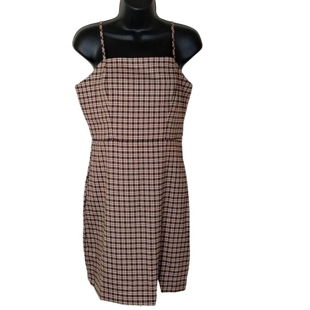 GB Juniors M Brown and Pink Plaid Mini Dress with Square Neck and a Notch Front